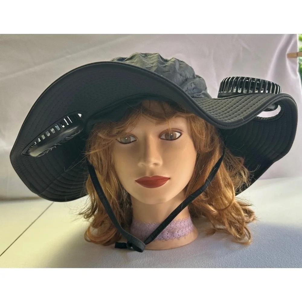 Wide Brim Sun Hat Dual Fans UV Protection Black Hiking Fishing Camping NEW Gear